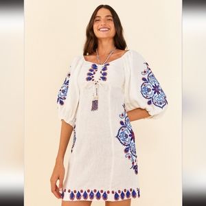 FARM Rio - Linen Off-White, Navy Line Embroidery Mini Dress. Size/M. NWT.
